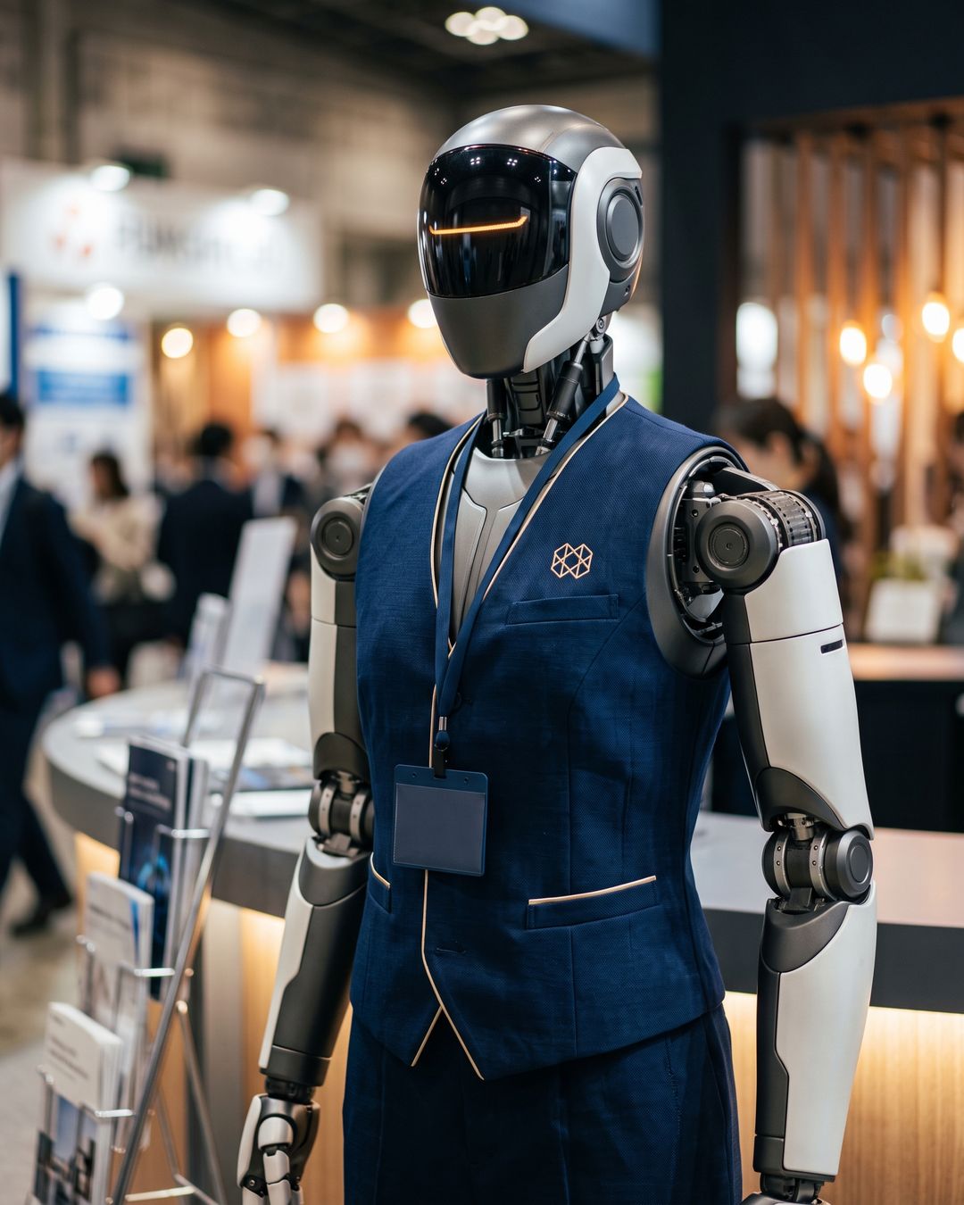 ロゴ入りのベストを着て展示会ブースに立つヒューマノイドロボット